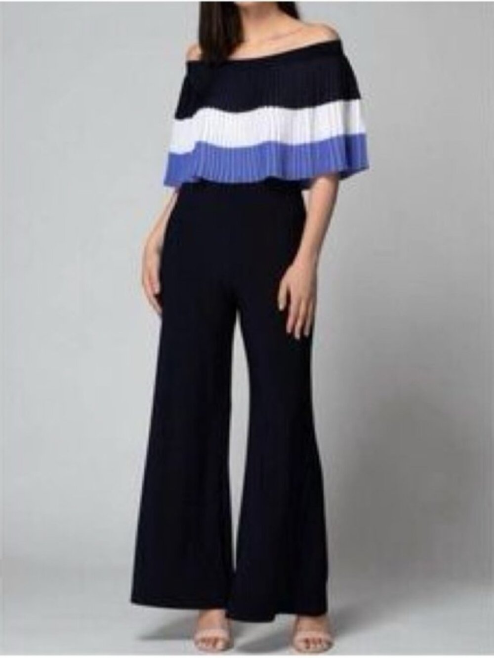 Joseph Ribkoff Off-Shoulder Navy Blue Wide-Leg Jumpsuit Pleated Top Size 6